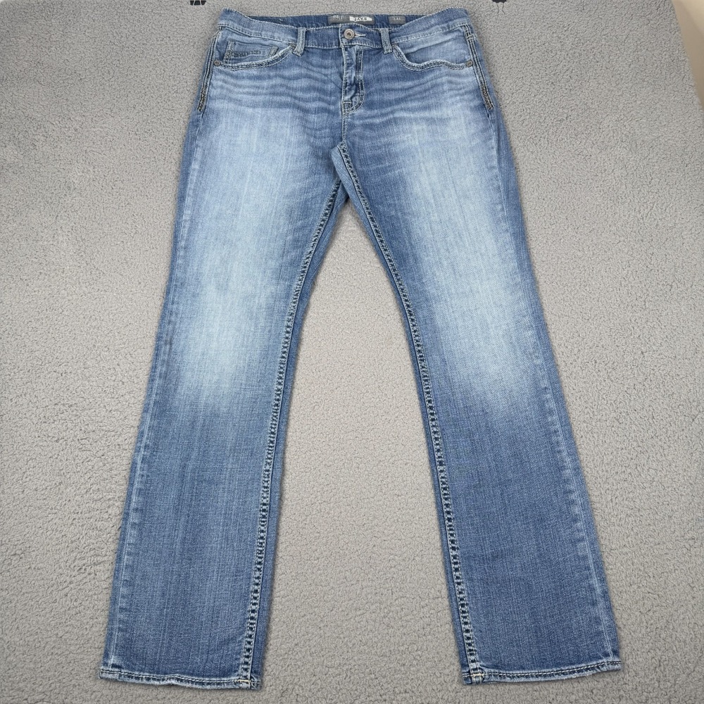 BKE Jake Jeans Mens 34L Blue Straight Leg Stretch Whiskered Faded Buckle Denim